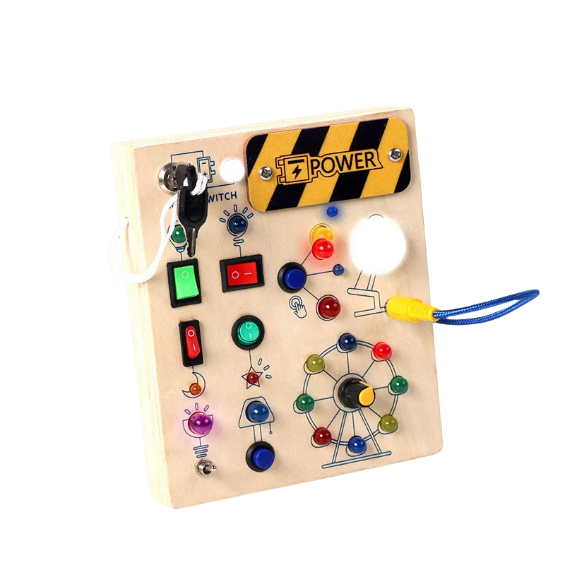 Montessori Toys Wooden Busy Board Switch Toys with Button LED Lights Sensory Travel Toys for Toddler Preschool Learning Activity