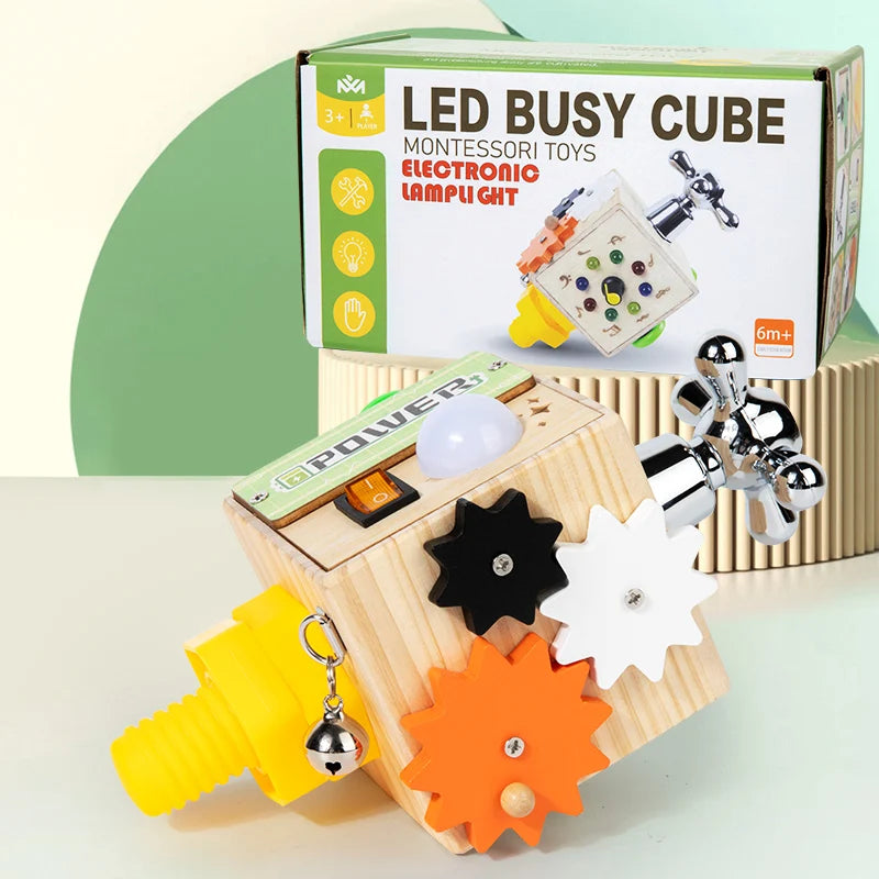 Montessori Toys Wooden Busy Board Switch Toys with Button LED Lights Sensory Travel Toys for Toddler Preschool Learning Activity