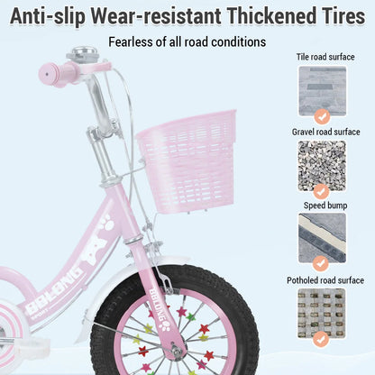 Kids Bike 12-20In Bicycle for Girls Ages 3-13 Years with Training Wheels Basket Protective Net Fash Wheel